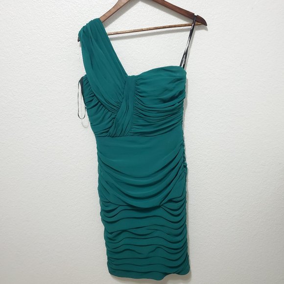 Tadashi Shoji One Shoulder Chiffon Dress green ruched - Picture 1 of 5